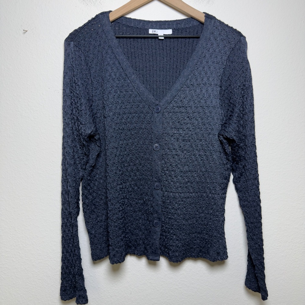 DR2 Women‎ Cardigan Sweater L Academia Grunge Indie Large Blue Popcorn Crinkle